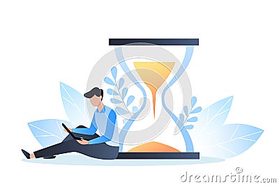 Time management concept, organization of working time, deadline. A young man sits with a laptop near the hourglass. Vector Vector Illustration